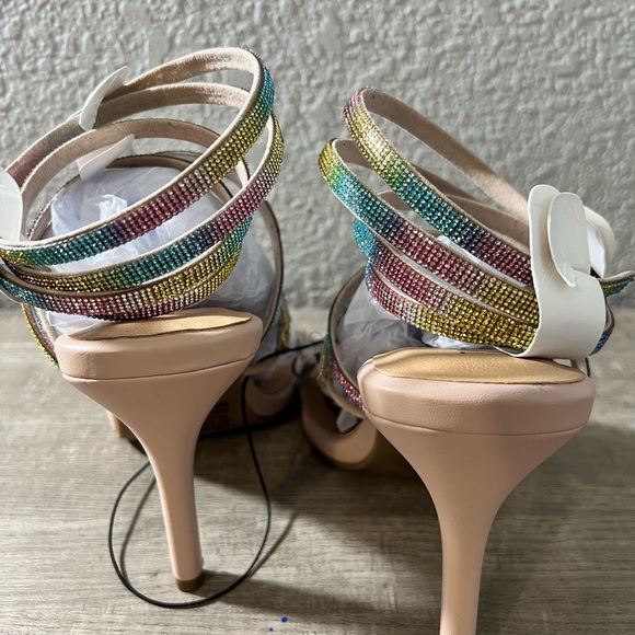 Torrid Lace Up Embroidered Heel Sandal rainbow sparkle rhinestone lace up - Picture 12 of 16